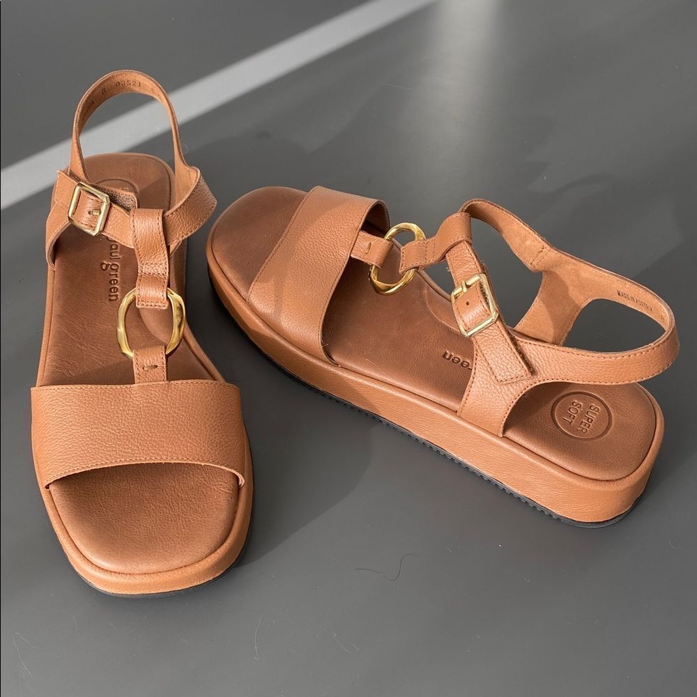 Paul Green Taos Platform Sandal Cognac Leather Gold Accents Sz 8 (US9) Vacation